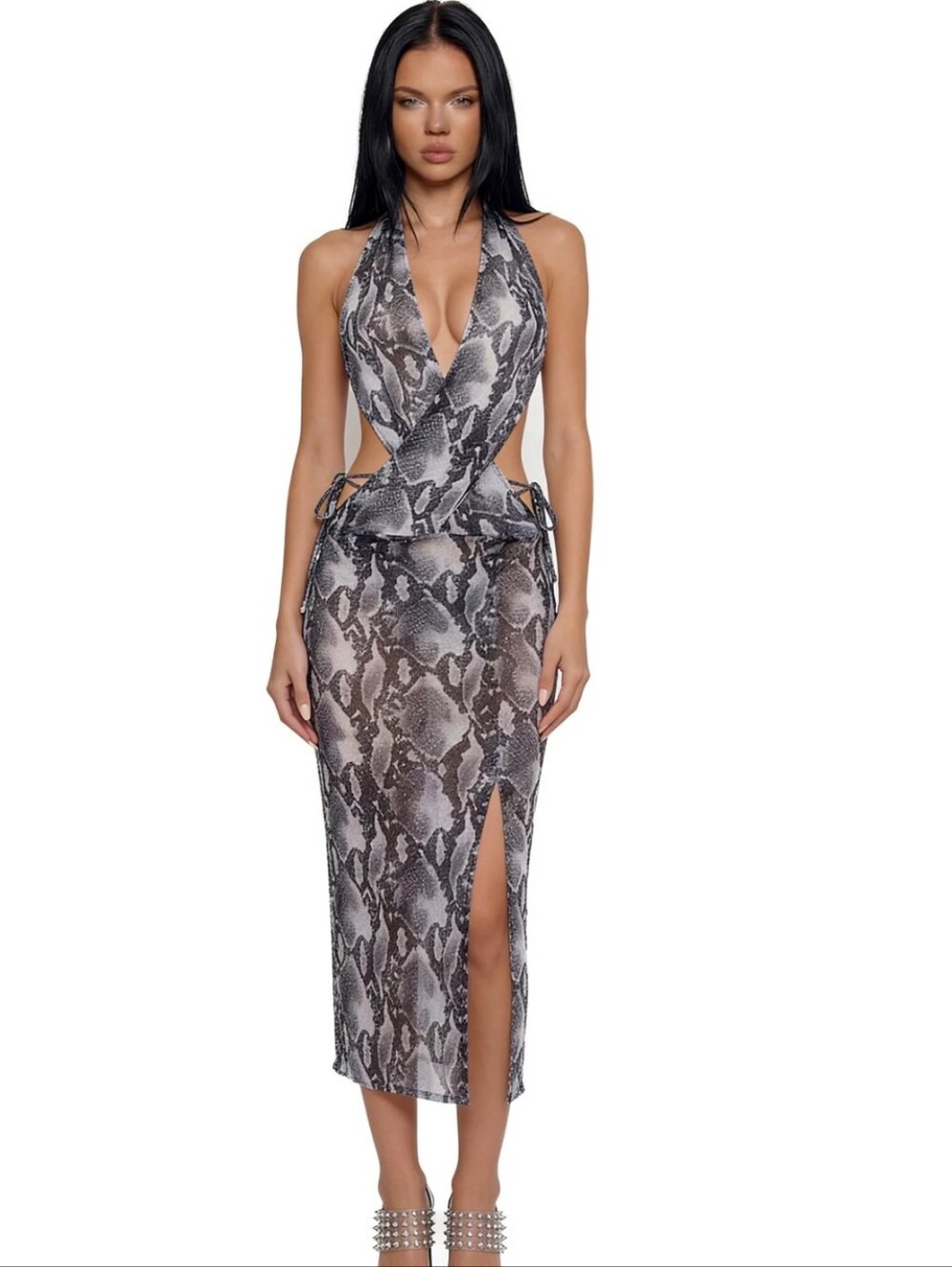 Snake Print Halter Midi Dress - Neutral Tones